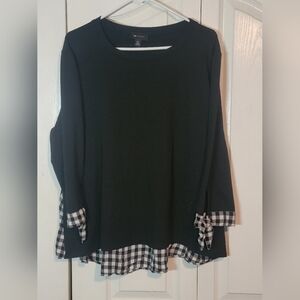 AB Stidio Black 3/4 Sleeve Top with Checkered Accents
